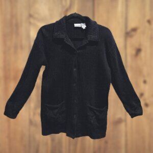 Newport News Easy Style Black Ribbed Lacey Embroidered Sweater - M